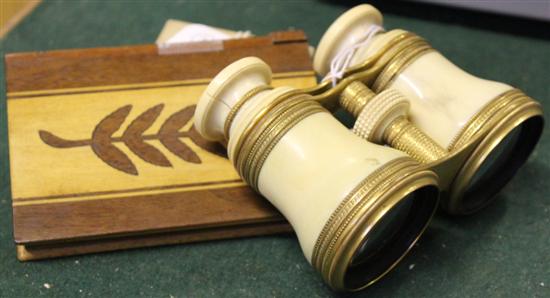 Pair of ivory opera glasses, Killarney card case & 2 wax seals